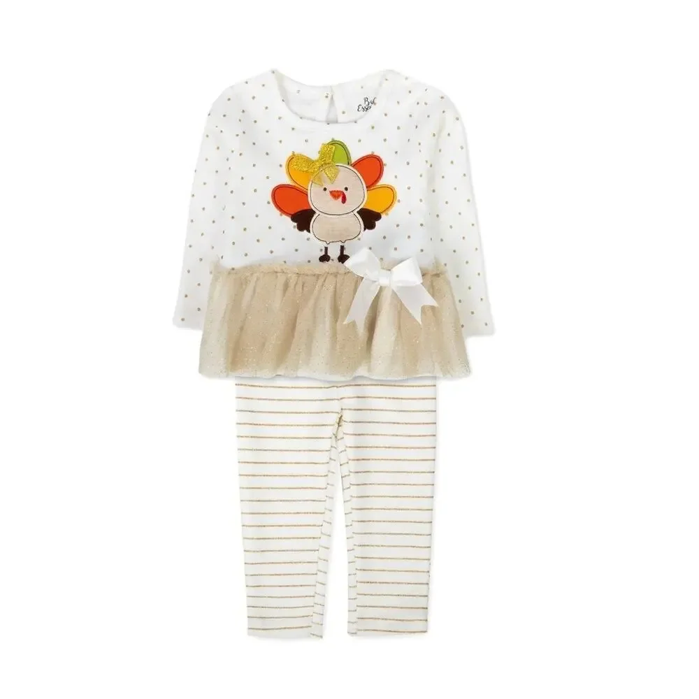 Baby Essentials Thanksgiving Fall Outfit Top Skirt Leggings 4 Piece Set Size 3 M